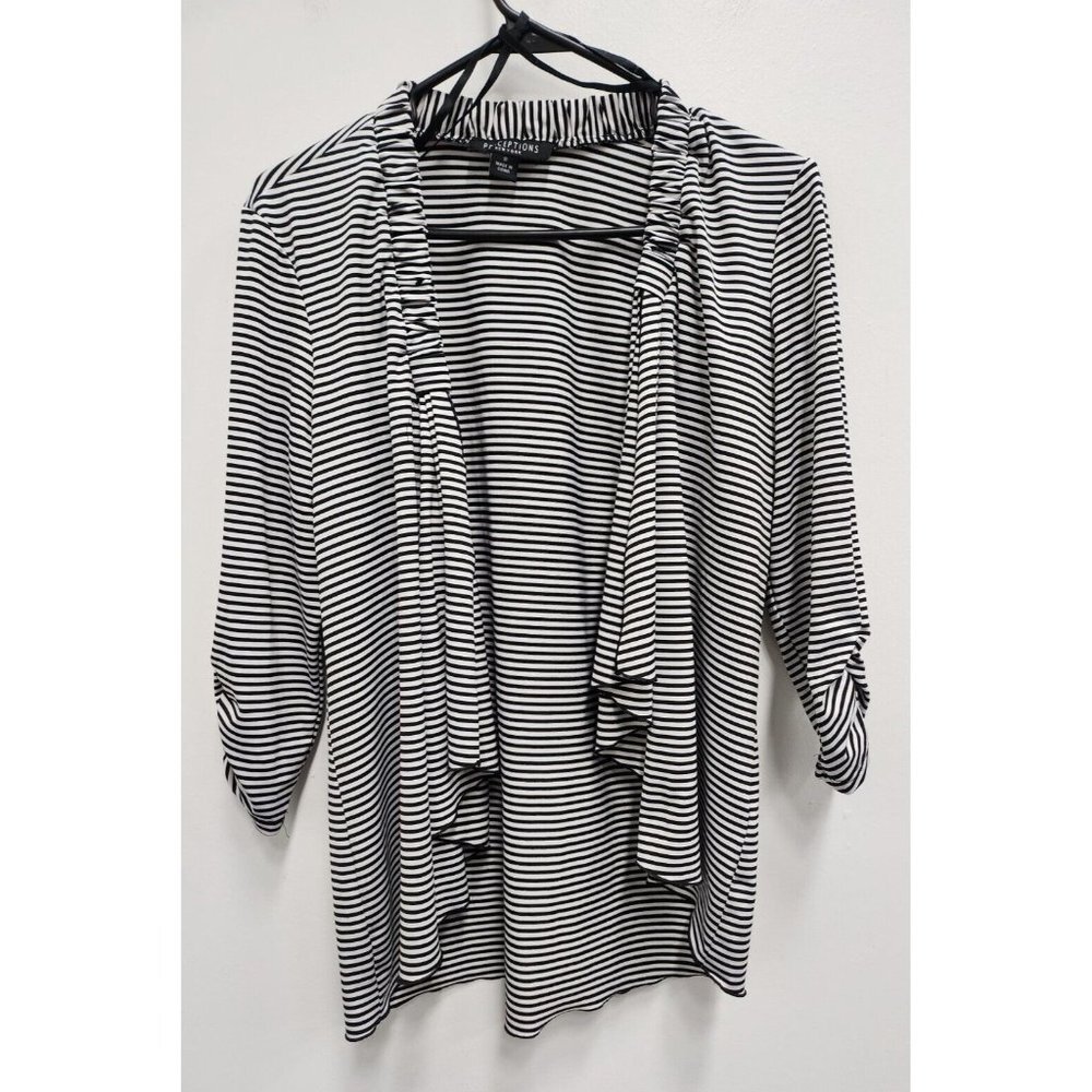 Perceptions Womens Black White Striped Cardigan Size 8 Cascading Ruched Sleeve